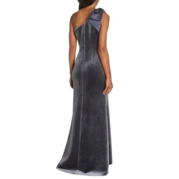 NWT ELIZA J Velvet One Shoulder Bow Accent Asymmetrical Gown Maxi Dress - Picture 2 of 11